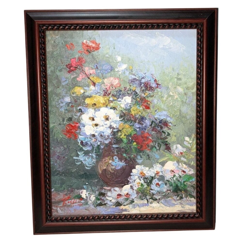 Framed Oil Painting of Colorful Floral Bouquet by Rogers 12"x9"